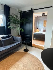 Un dormitorio con una cama, un sofá y un espejo. en Van de Gruiterwonen, en Axel 33 fotos más