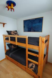 2 Etagenbetten in einem Zimmer mit einem Bild an der Wand in der Unterkunft Family Lodge Grand Tetras Les Angles in Les Angles