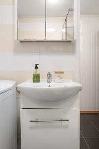 a bathroom with a white sink and white cabinets at Northern Lights View Beautiful Berg in Kuberg