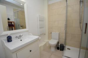 a bathroom with a sink and a toilet and a shower at Appartement Tarascon avec garage privé in Tarascon +29 photos