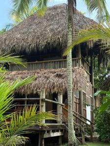 a hut with a thatched roof and a palm tree at Playa Pikua Ecolodge in Guachaca