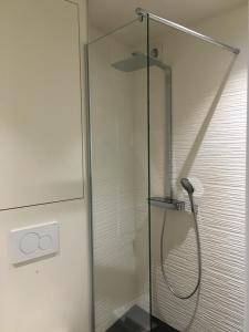 eine Dusche mit einer Glastür in einem Badezimmer in der Unterkunft Merida in Knokke-Heist