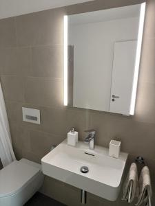une salle de bains avec un lavabo blanc et un miroir dans l'établissement Luxuriöse 3,5-Zimmer Wohnung für Familien und Geschäftsreisende mit Glasfaser-Internet, à Cham 12 autres photos