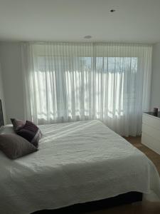 - une chambre avec un grand lit et des rideaux blancs dans l'établissement Luxuriöse 3,5-Zimmer Wohnung für Familien und Geschäftsreisende mit Glasfaser-Internet, à Cham