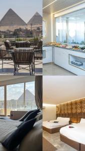three pictures of a hotel room with a view of the pyramids at Global Comfort Inn in Cairo