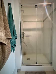 塔朗斯Terra Verde I Cozy Studio WIFI I Balcon & Parking的浴室里有玻璃门的淋浴间 更多16张照片