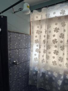 a shower curtain with butterflies on it in a bathroom at Apartment house FIDE in Panajachel +17 photos