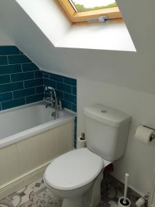 a bathroom with a white toilet and a bath tub at Casa Ceol in Ennis
