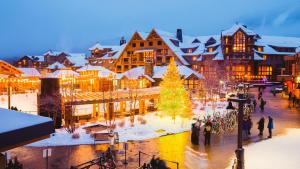 une ville avec un sapin de Noël dans la neige dans l'établissement 411 Spruce Peak Stowe Mountain Resort New Treehouse unit Ski in Ski out 4 bed sleeps 12, à Stowe Mountain