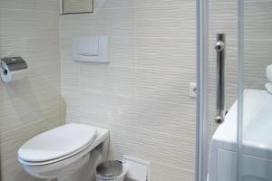 a white bathroom with a toilet and a shower at Flat with Unforgettable View in Budapest