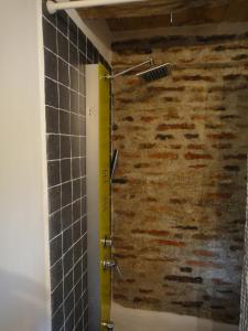 a shower in a bathroom with a brick wall at Dominic Boutique - Gardener's Cottage in Cloaşterf