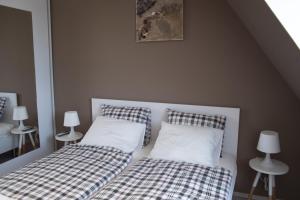 two beds sitting next to each other in a bedroom at Flat with Unforgettable View in Budapest
