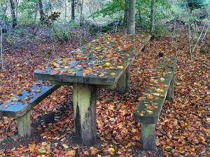 a group of wooden benches with leaves on them at 7 person holiday home in Henne-By Traum in Henne Strand
