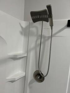 une douche dans une pièce blanche avec des toilettes dans l'établissement Cozy Studio Apartment, à Montgomery 15 autres photos