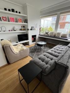 Una sala de estar con un sofá y un televisor. en Beautiful penthouse at 5min of Albert place, en Knokke-Heist