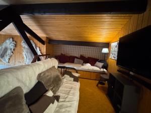 Zimmer mit Sofa, Bett und TV in der Unterkunft Grand chalet de charme cosy, sauna & vue de rêve in Ban-sur-Meurthe-Clefcy