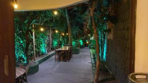 une pièce avec une table, des chaises et des arbres dans l'établissement Cervejaria Guest House, à Île de Boipeba