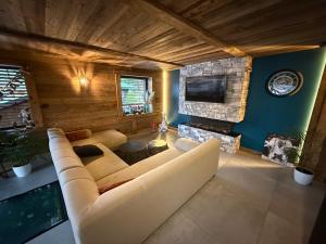 ein Wohnzimmer mit Couch und Kamin in der Unterkunft Gite Le Grand Cerf Piscine et Spa in Xonrupt-Longemer
