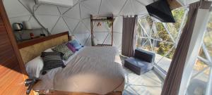 een slaapkamer met een bed en een groot raam bij Cupi Glamping in San Francisco