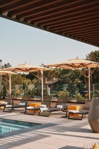 a group of chairs and umbrellas next to a pool at Limelight Boulder in Boulder