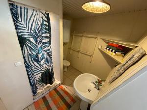 ein kleines Badezimmer mit Toilette und Waschbecken in der Unterkunft Marū Beach House in Afareaitu + 21 Fotos