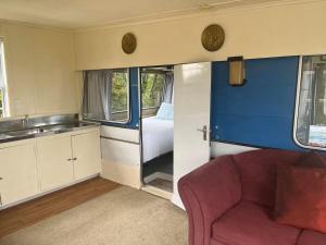 ein Wohnzimmer mit Couch und eine Küche mit Bett in der Unterkunft Simple Cabin, Kuaotunu - Peaceful, Affordable Stay in Kuaotunu