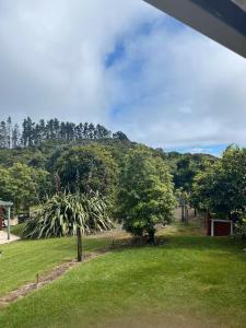 einen Blick auf ein Grasfeld mit Bäumen in der Unterkunft Simple Cabin, Kuaotunu - Peaceful, Affordable Stay in Kuaotunu