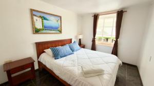 a bedroom with a bed with blue pillows and a window at The Cool Hostel in Coquimbo +92 photos