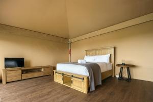 a bedroom with a bed and a flat screen tv at Apollo Bay Recreation Reserve in Apollo Bay