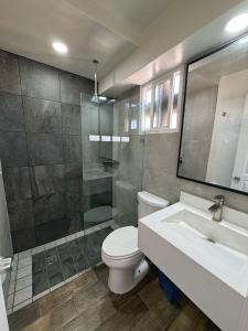 a bathroom with a toilet and a sink and a shower at Hotel Paris in Tijuana +11 photos