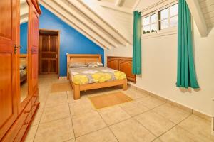 ein Schlafzimmer mit einem Bett und einer blauen Wand in der Unterkunft Le Flamboyant in Saint-Louis