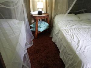 a bedroom with two beds and a table with a lamp at Cabaña lago Río Celeste in El Achiote