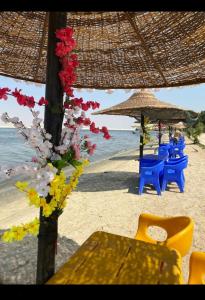 einen Tisch, Stühle und Sonnenschirme am Strand in der Unterkunft قرية النورس in Ismailia