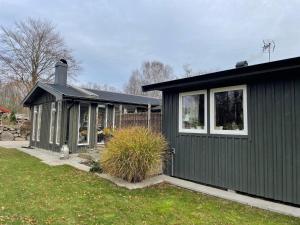 a dark green house with windows in a yard at 4 star holiday home in SÖLVESBORG in Falkvik +16 photos