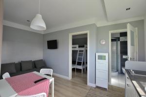 a kitchen and living room with a couch and a table at Polne Domki in Darłowo
