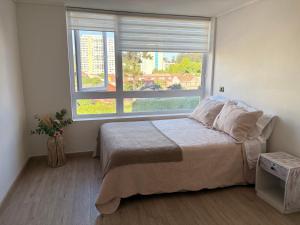 a bedroom with a bed and a large window at Central space in Concepción