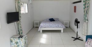 a bedroom with a bed and a television in it at HELICONIA rostrata in Sainte-Rose +6 photos