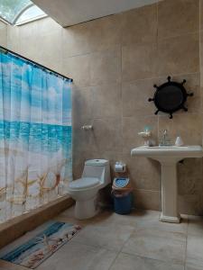 a bathroom with a toilet and a sink at El Remanso Hotel y Restaurante in Rivas