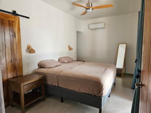 普拉亚科罗纳多Brisas beach house, coronado的一间卧室，里面有一张床和一个吊扇