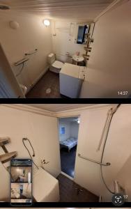 two pictures of a small room with a bathroom at trygga huset in Sigtuna
