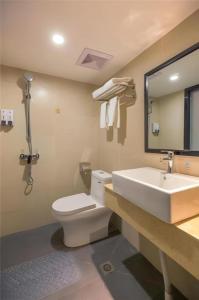 a bathroom with a white toilet and a sink at JTOUR Inn Wuhan Wusheng Road Metro CapitaLand Plaza in Wuhan