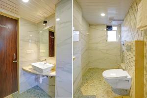 Dos imágenes de un baño con inodoro y lavabo. en Hotel OP Palace, en Colva 19 fotos más