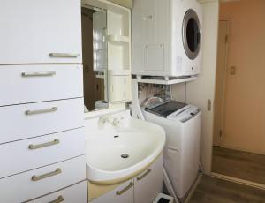 um banheiro com pia e máquina de lavar em Jazz 喫茶 Eju イージュ B&B em Urazoe
