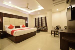 una habitación de hotel con una cama y un televisor en Hotel Krishna Palace, en Udaipur