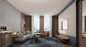 a living room with a view of a city at Four Points by Sheraton Kunshan in Kunshan