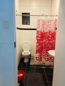 La salle de bains est pourvue de toilettes et d'un rideau de douche rouge. dans l'établissement Gold Crown One Bedroom Self-Catering Apartment With NetFlix & YouTube, à Johannesbourg 107 autres photos