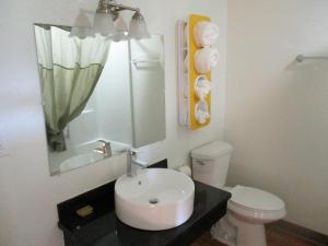 a bathroom with a sink and a toilet and a mirror at Motel 6-Prairie Du Chien, WI in Prairie du Chien