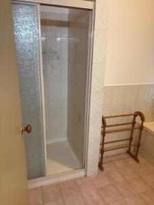 une douche avec une porte vitrée dans une salle de bain dans l'établissement Echucas Pawfect Accommodation - Dog Friendly, à Echuca