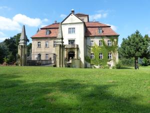 stary dom na trawiastym polu z drzewem w obiekcie Pałac Jastrowiec w mieście Jastrowiec