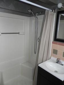 a bathroom with a sink and a toilet and a shower at The Triangle Motel in Alma